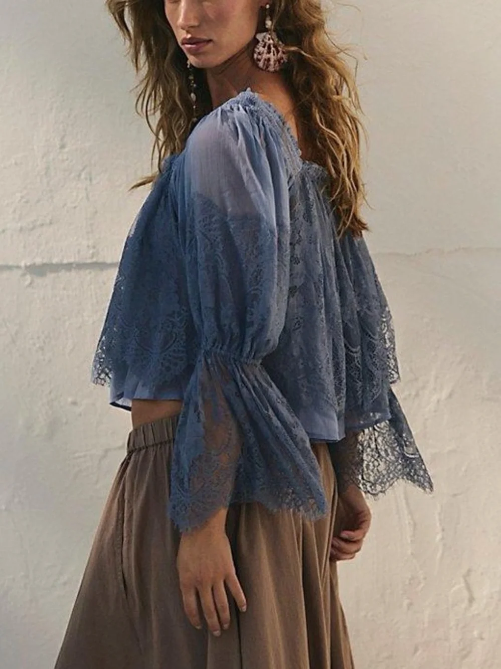 Free People Fairy Girl Lace Blouse Ethereal Blue Boho Romantic Bell Sleeve S